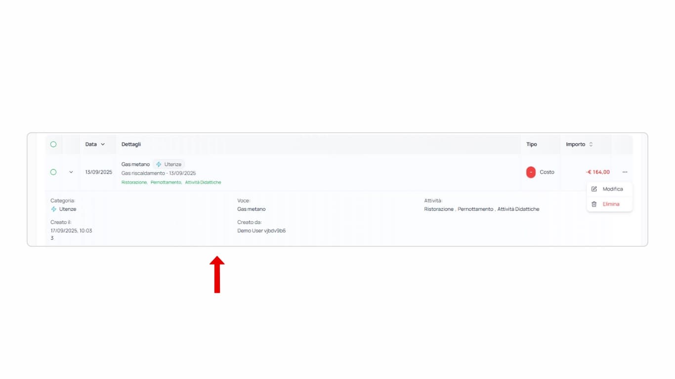 Tabella dei movimenti con dettagli e azioni di modifica/eliminazione