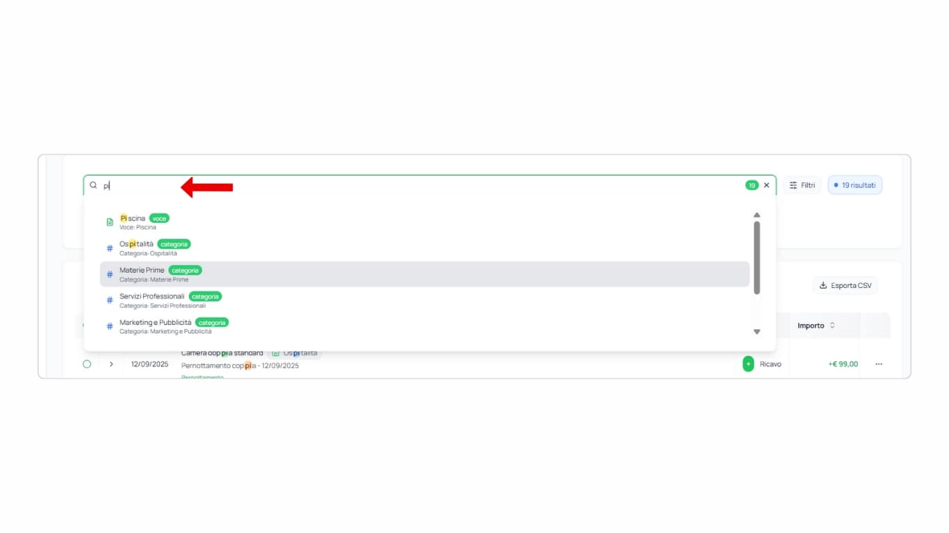 Pannello filtri e ricerca per trovare movimenti specifici