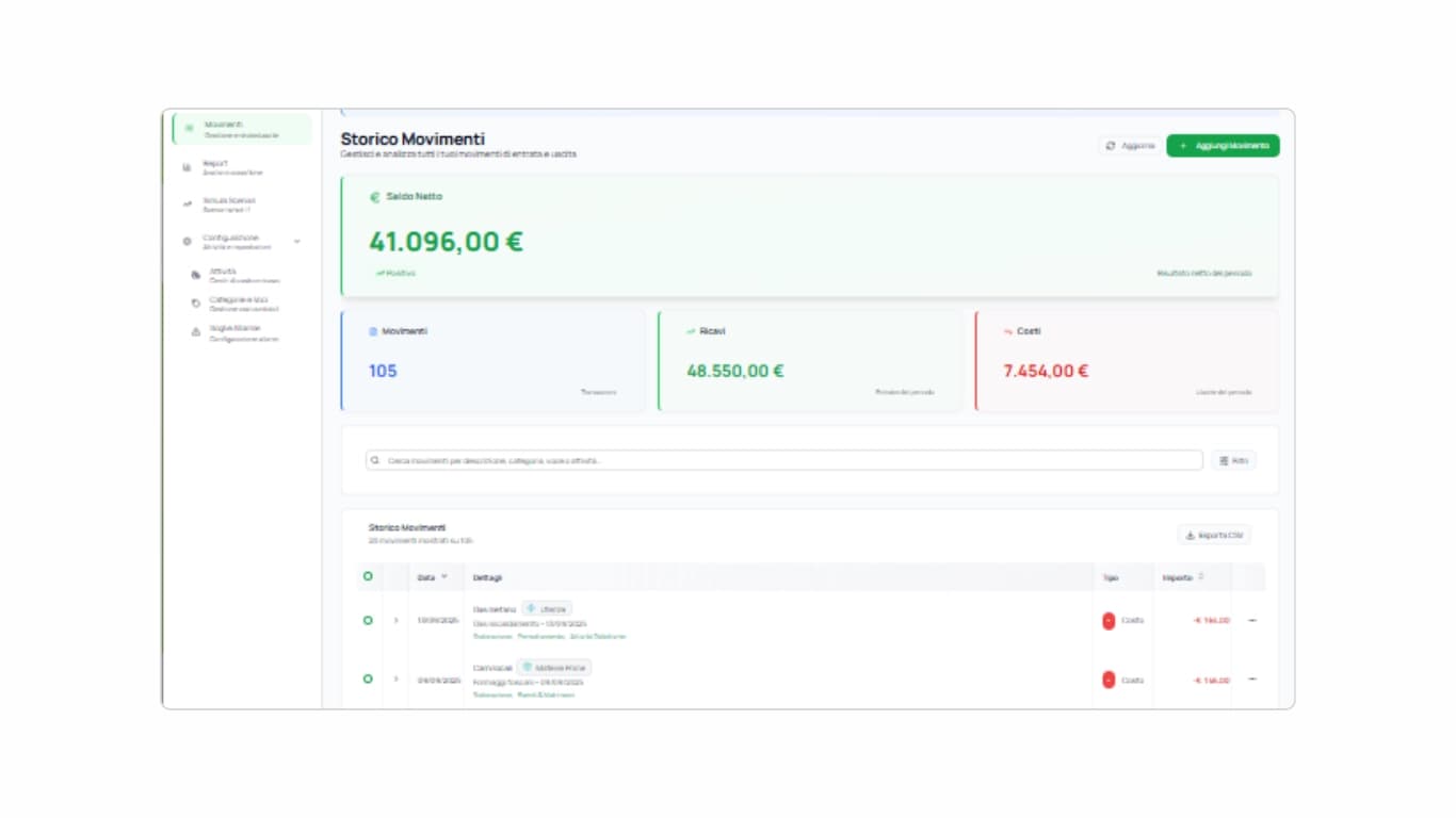Panoramica della pagina Storico Movimenti con KPI e azioni principali